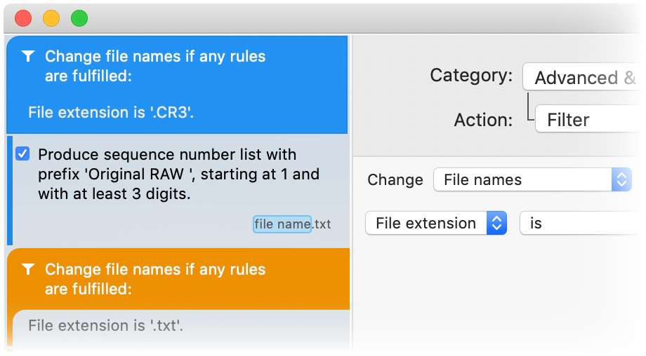 A Better Finder Rename filter action limiting renames to specific file extensions