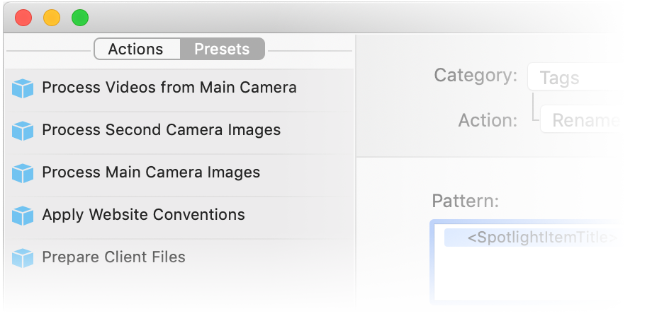 A Better Finder Rename presets sidebar with saved rename workflows